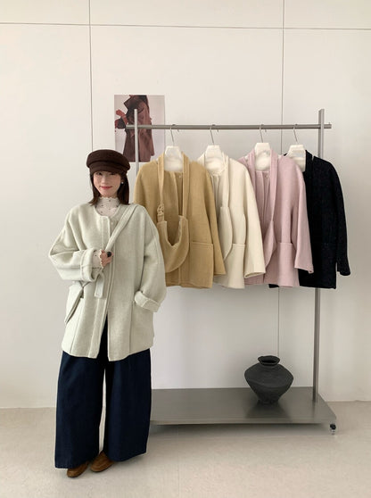 // 100%wool圓領大袋雙面毛呢外套(連袋仔)