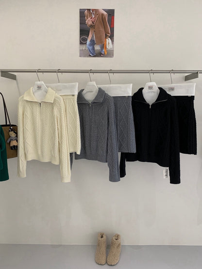 // 麻花半拉鍊立領毛衣+短裙套裝