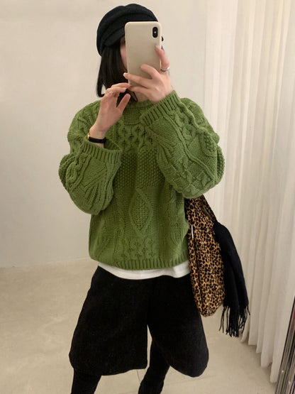 // 超美麻花織紋圓領套頭毛衣