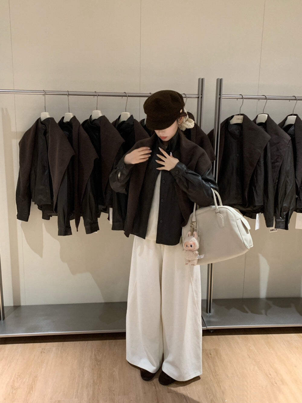 // 立領設計超軟彷皮外套(連披肩)