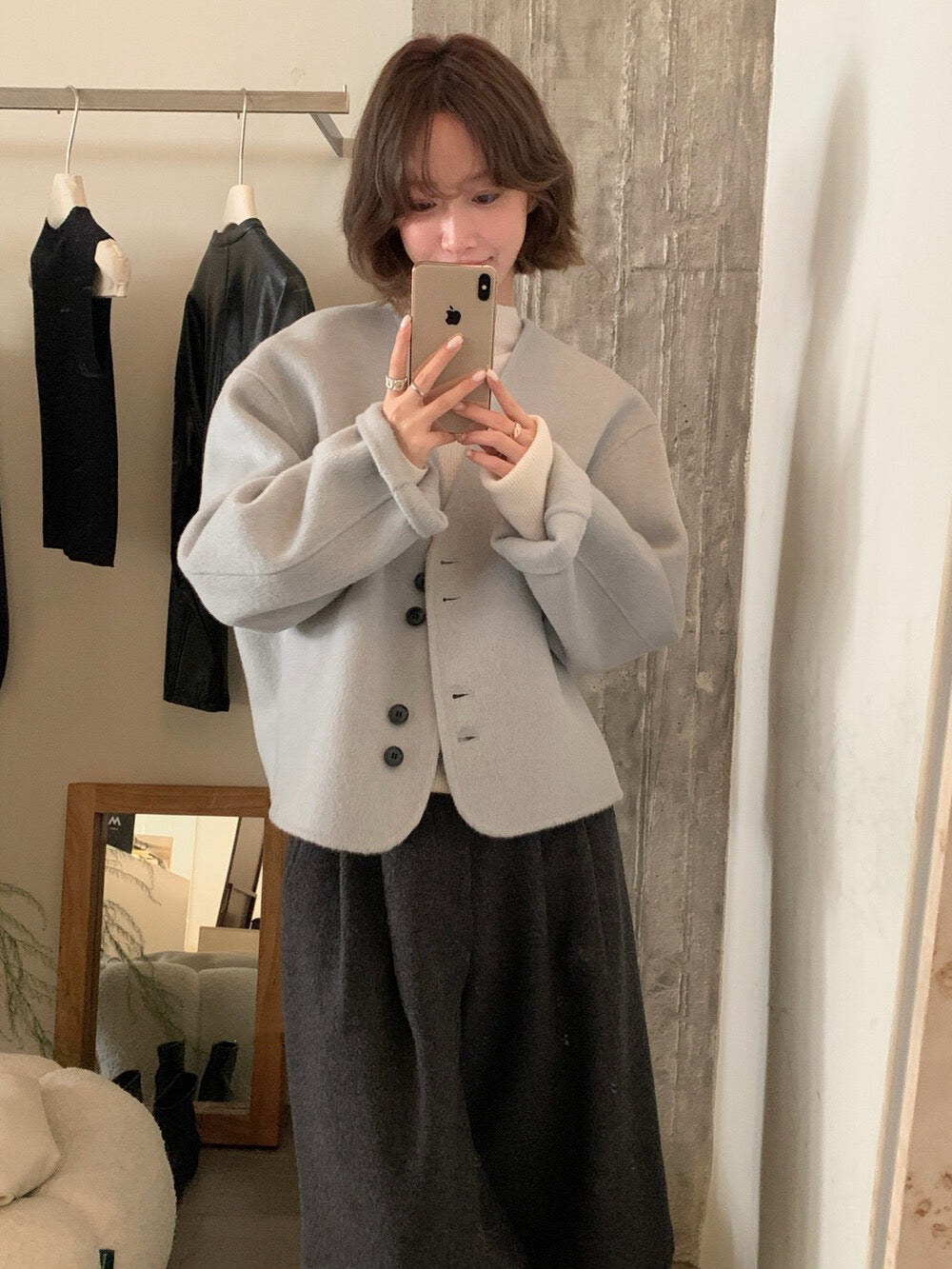 // 極美double鈕扣深V簡約100%雙面羊毛手工外套