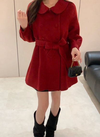 // 超柔軟100%羊毛娃娃領雙排扣手工外套