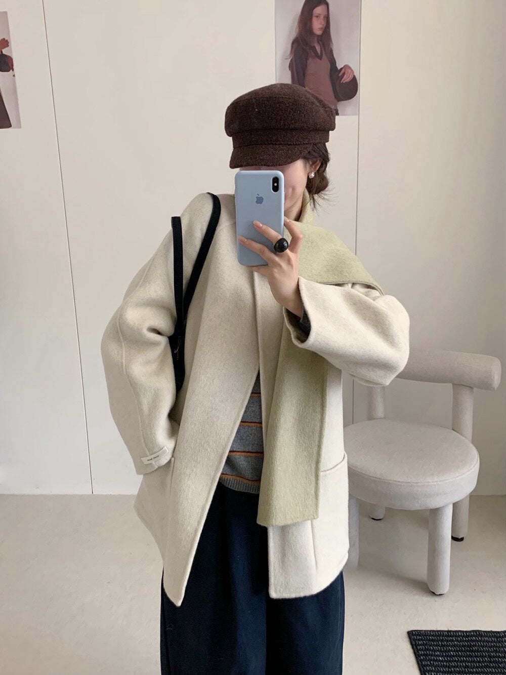 // 超氣質內撞色簡潔圓領100%手工雙面羊毛外套(連頸巾)