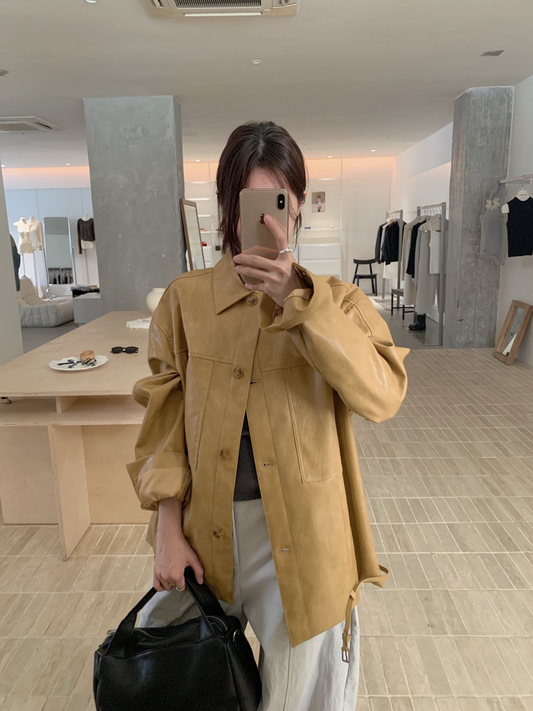 // 復古感美拉德翻領中長彷皮外套