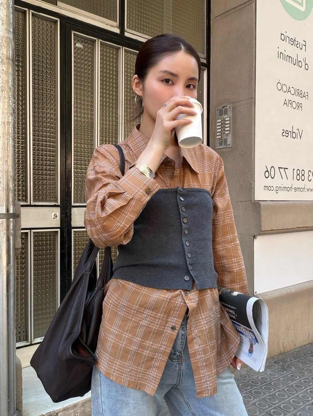 B69 / 復古格紋慵懶感恤衫(連多穿法針織裹胸)