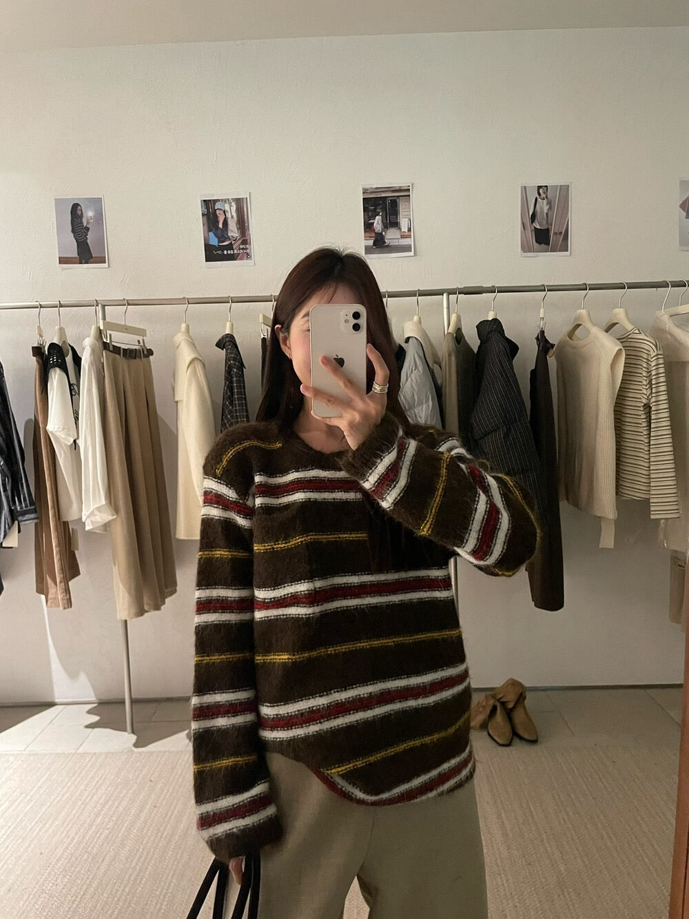 // 復古撞色間條口袋軟糯毛衣