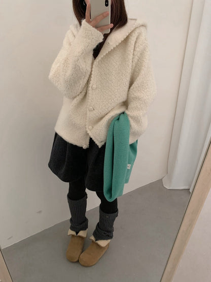 // 超柔軟圈圈絨連帽花邊外套