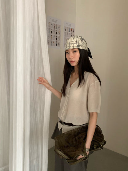 // 溫柔花邊lyocell麻短袖針織CD