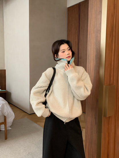 // 撞色翻領圈圈毛感拉鍊CD