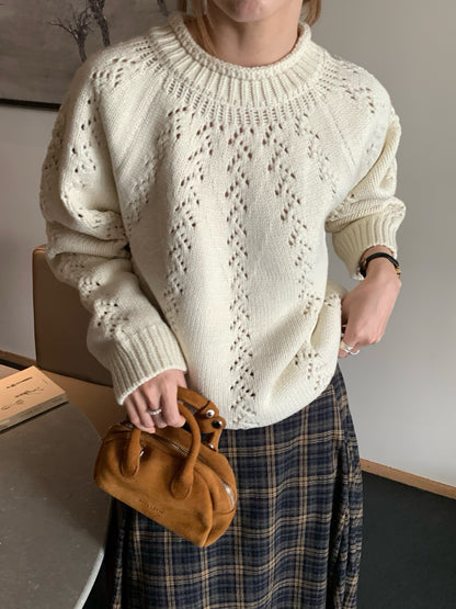 (部分現貨) // 15%wool鏤空鈎花半領卷邊毛衣