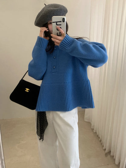 // 法式甜美直坑紋衣擺半鈕扣毛衣