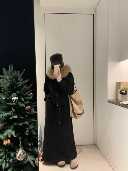 // 可拆毛毛領連帽拉鍊衛衣外套+中裙套裝￼