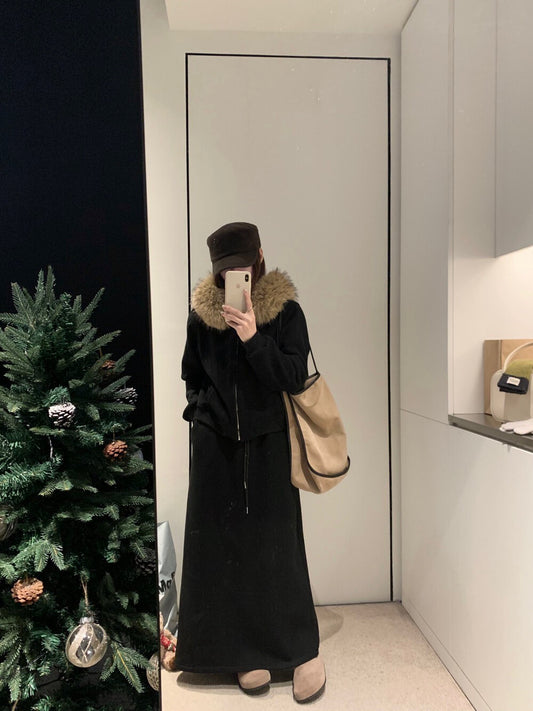 // 可拆毛毛領連帽拉鍊衛衣外套+中裙套裝￼