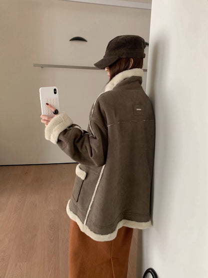 // 立領皮毛一體口袋中長外套