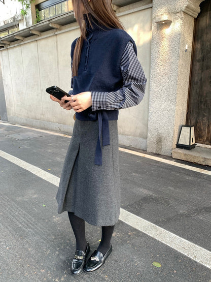 // 設計感假兩件拼格紋恤衫鈕扣高領NT