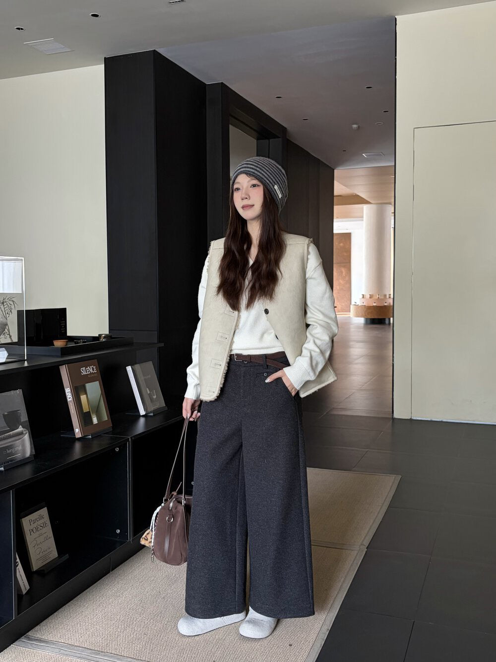 // 小口袋裝飾加絨直腳混羊毛呢褲(連腰帶)