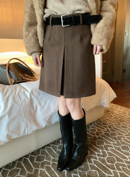 // 高級感雙層開叉五分毛呢裙