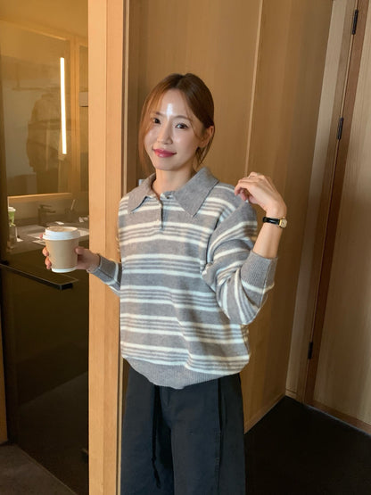 // 復古拼間翻領針織上衣