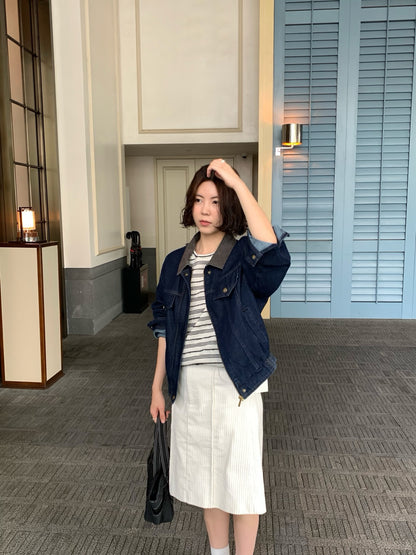 // 中古風拼領拉鍊牛仔外套