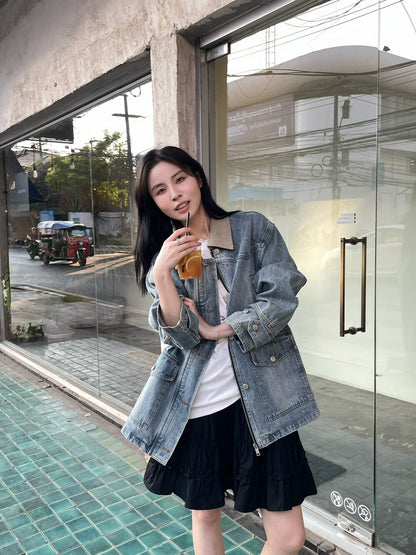 👒 拼色領復古感洗水牛仔外套