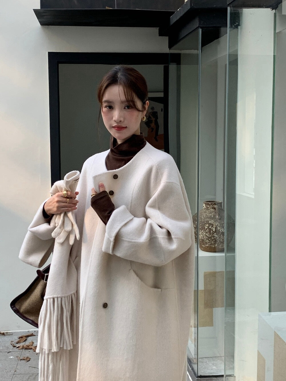 // 100%wool簡約圓領手工雙面長外套(連頸巾)