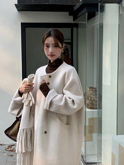 // 100%wool簡約圓領手工雙面長外套(連頸巾)