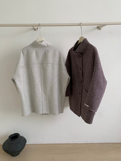// 立領簡約風100%羊毛手工雙面中長外套