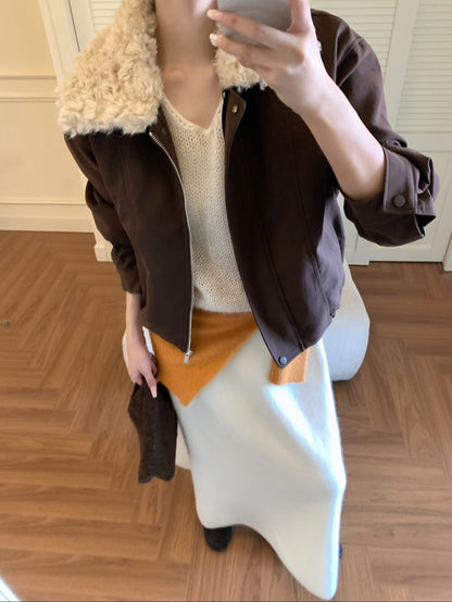 // 拼接卷毛領設計感短外套