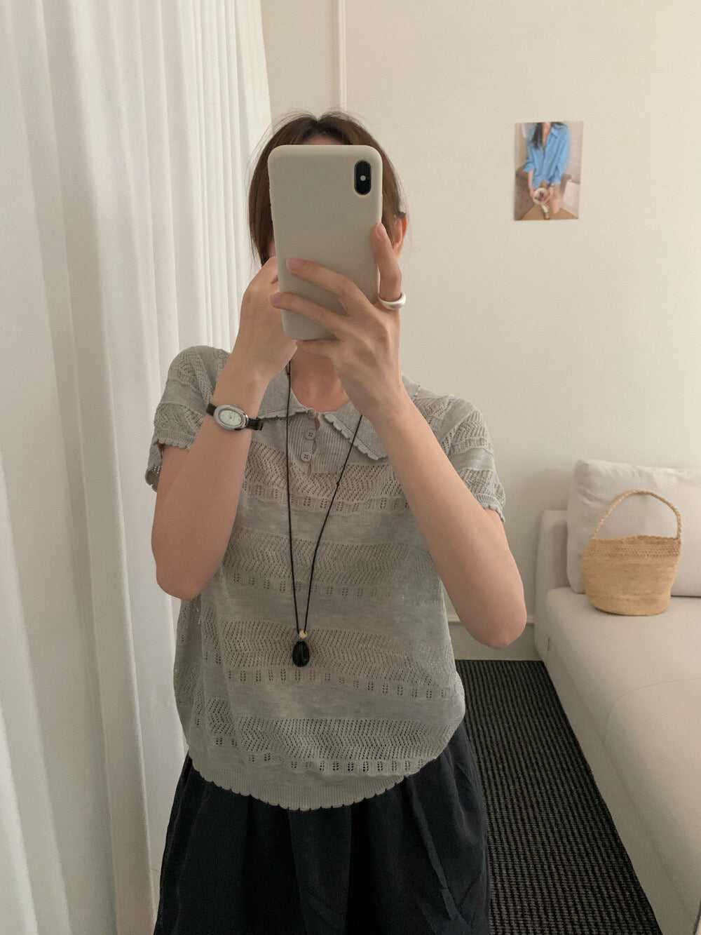 K19 / 精緻鏤空花邊翻領lyocell polo NT