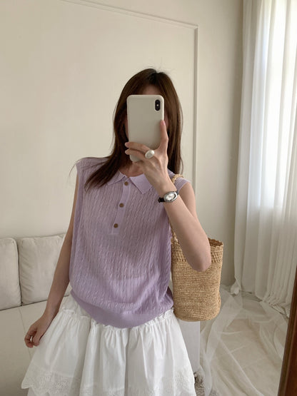 // 天絲麻透氣麻花polo背心針織