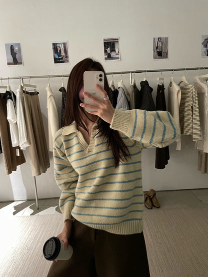 // 復古配色小V翻領間條毛衣