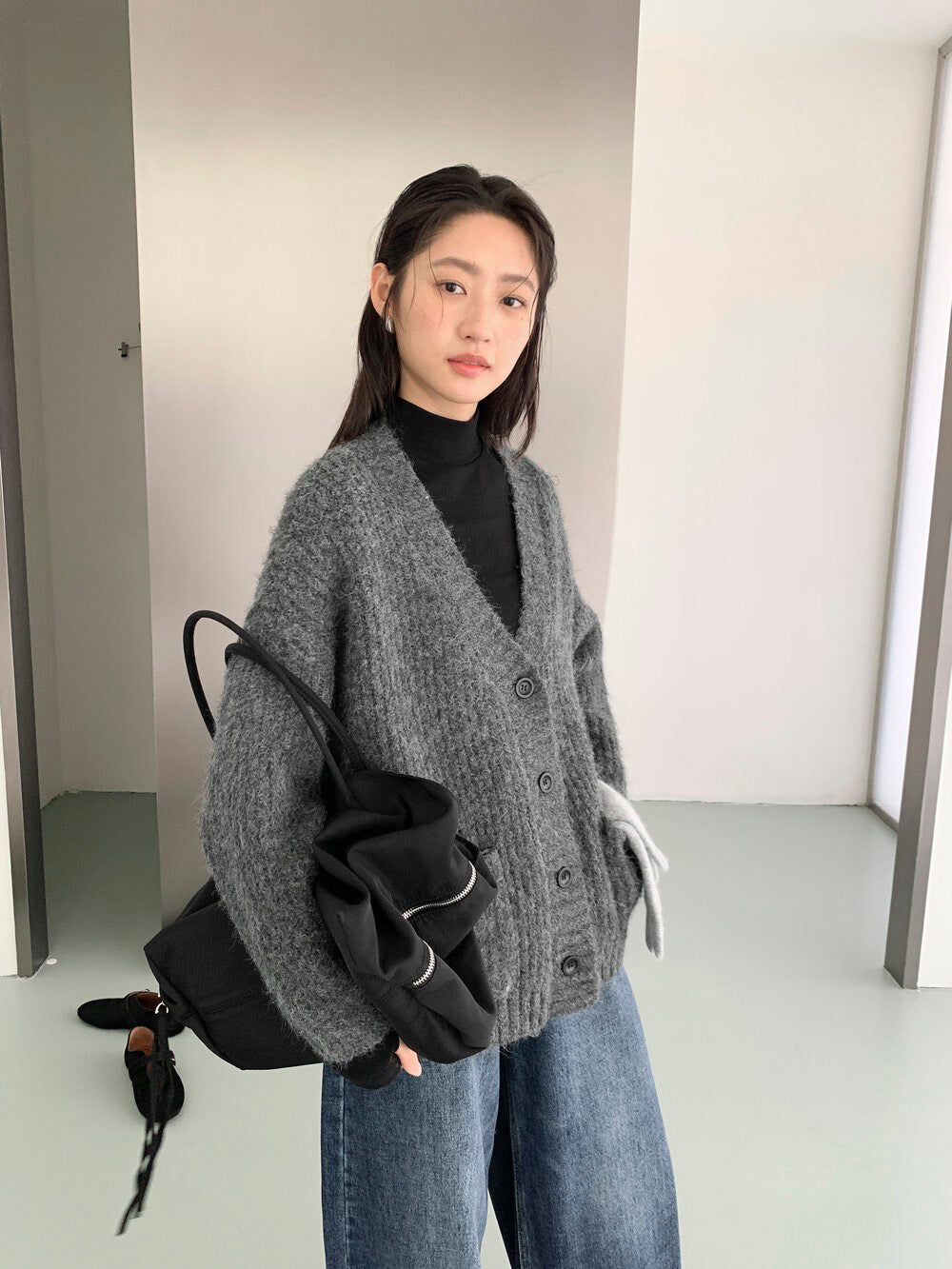 // 8%wool深v粗織邊口袋中長CD