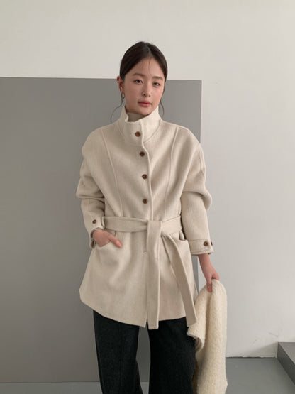 // 100%羊毛小立領排扣連腰帶雙面手工外套