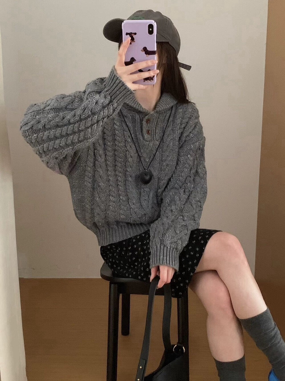 // 30%羊毛紋理感麻花鈕扣翻領毛衣