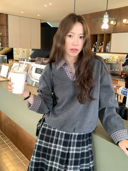 // 高級感拼接格仔翻領薄絨底衛衣