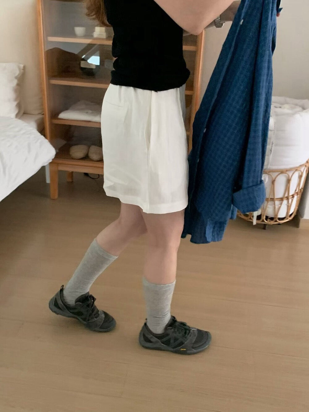 // 極簡風橡筋腰麻質裙褲