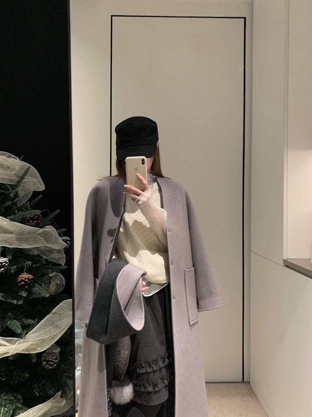 // 70%綿羊毛簡約插肩V領長款手工羊毛外套(連頸巾)