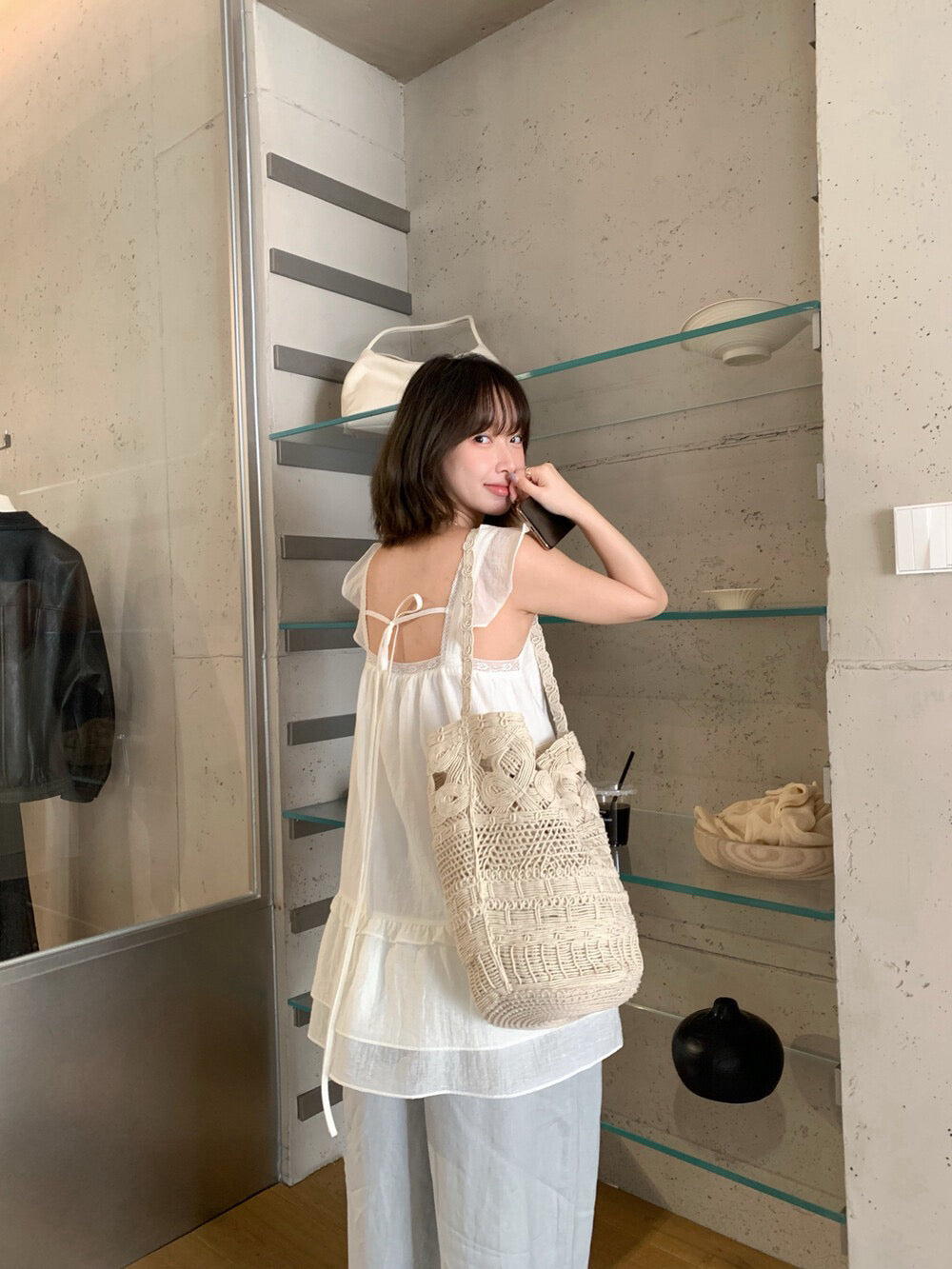 // 超美拼接lace鈕扣荷葉邊肩帶背心