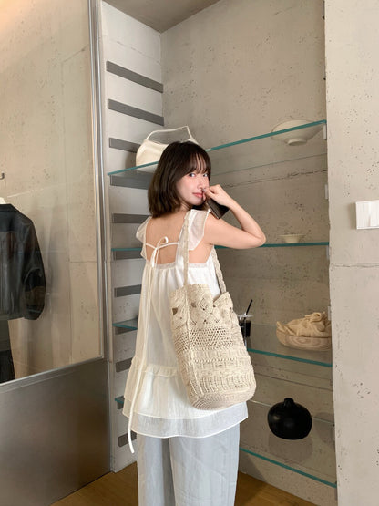 // 超美拼接lace鈕扣荷葉邊肩帶背心