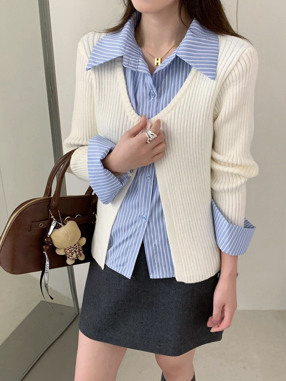 // 間條恤衫拼接針織外套假兩件上衣