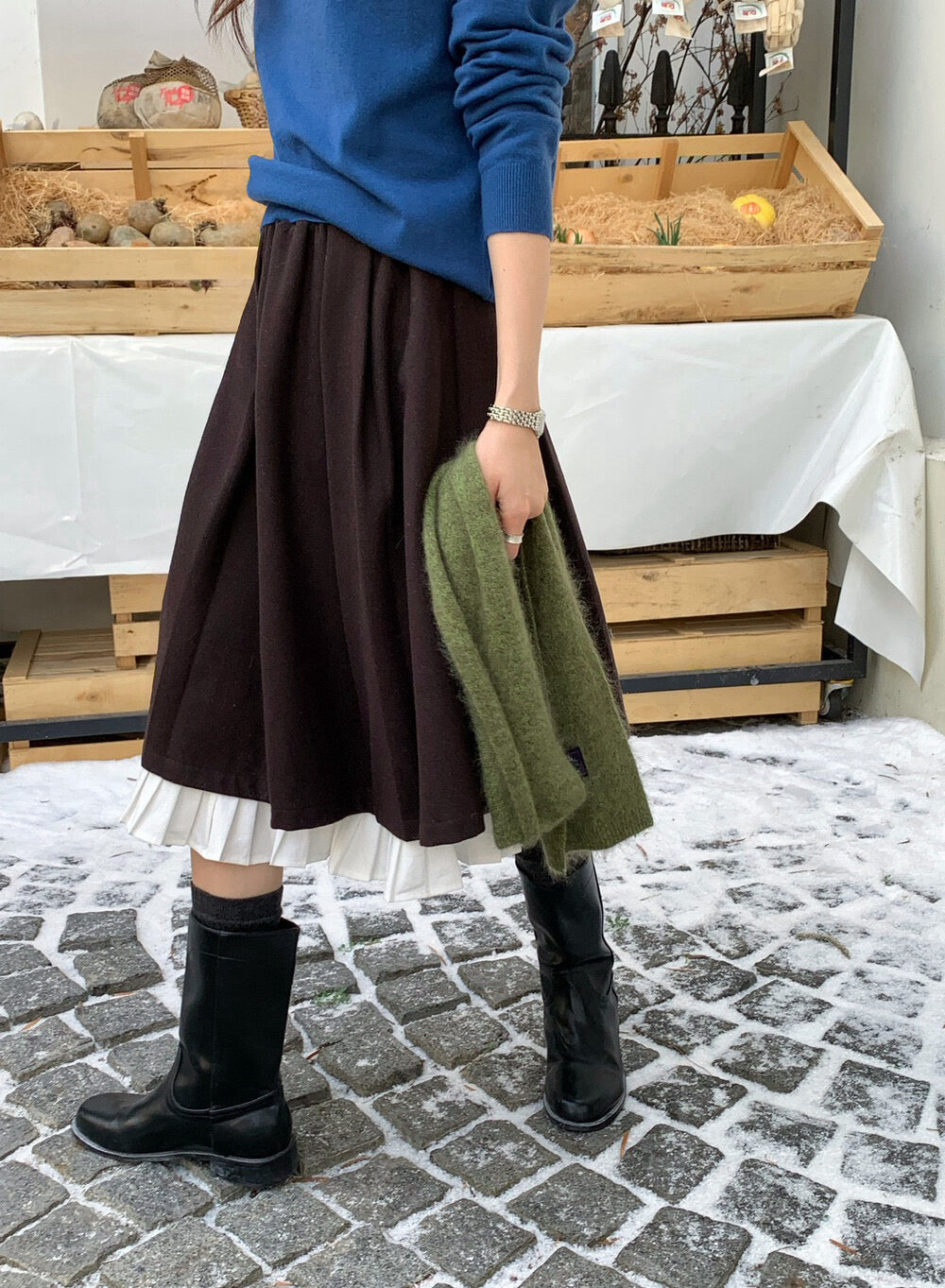 // 裙頭位超美拼接百褶腳50%羊毛中裙