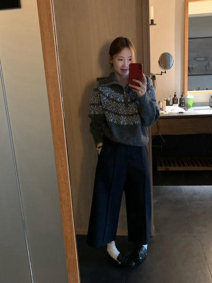 // 11%wool北歐風花紋半拉鍊可立領毛衣