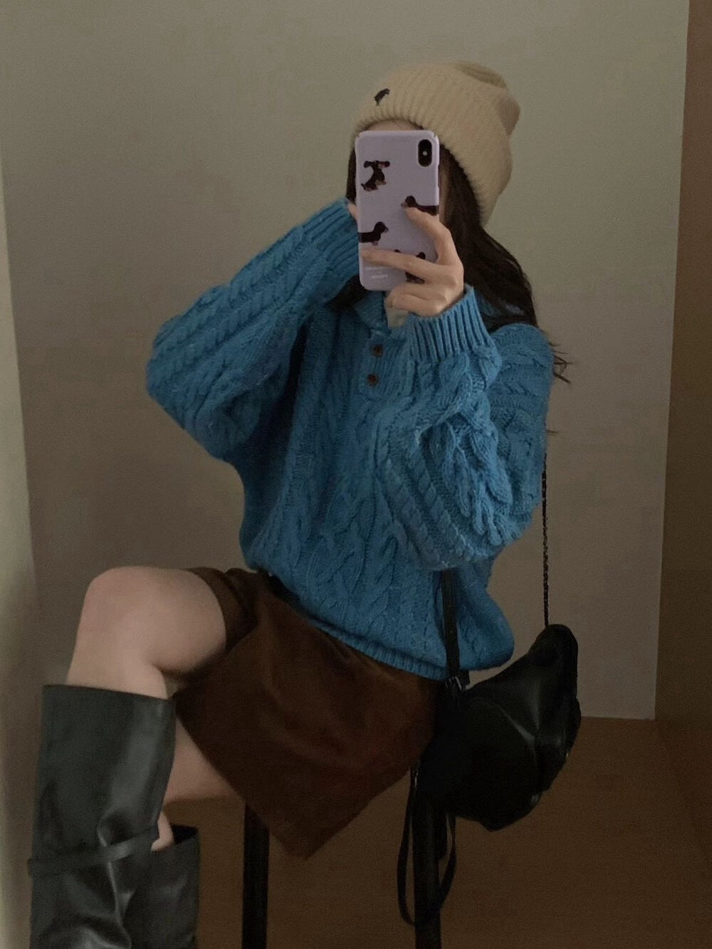 // 30%羊毛紋理感麻花鈕扣翻領毛衣