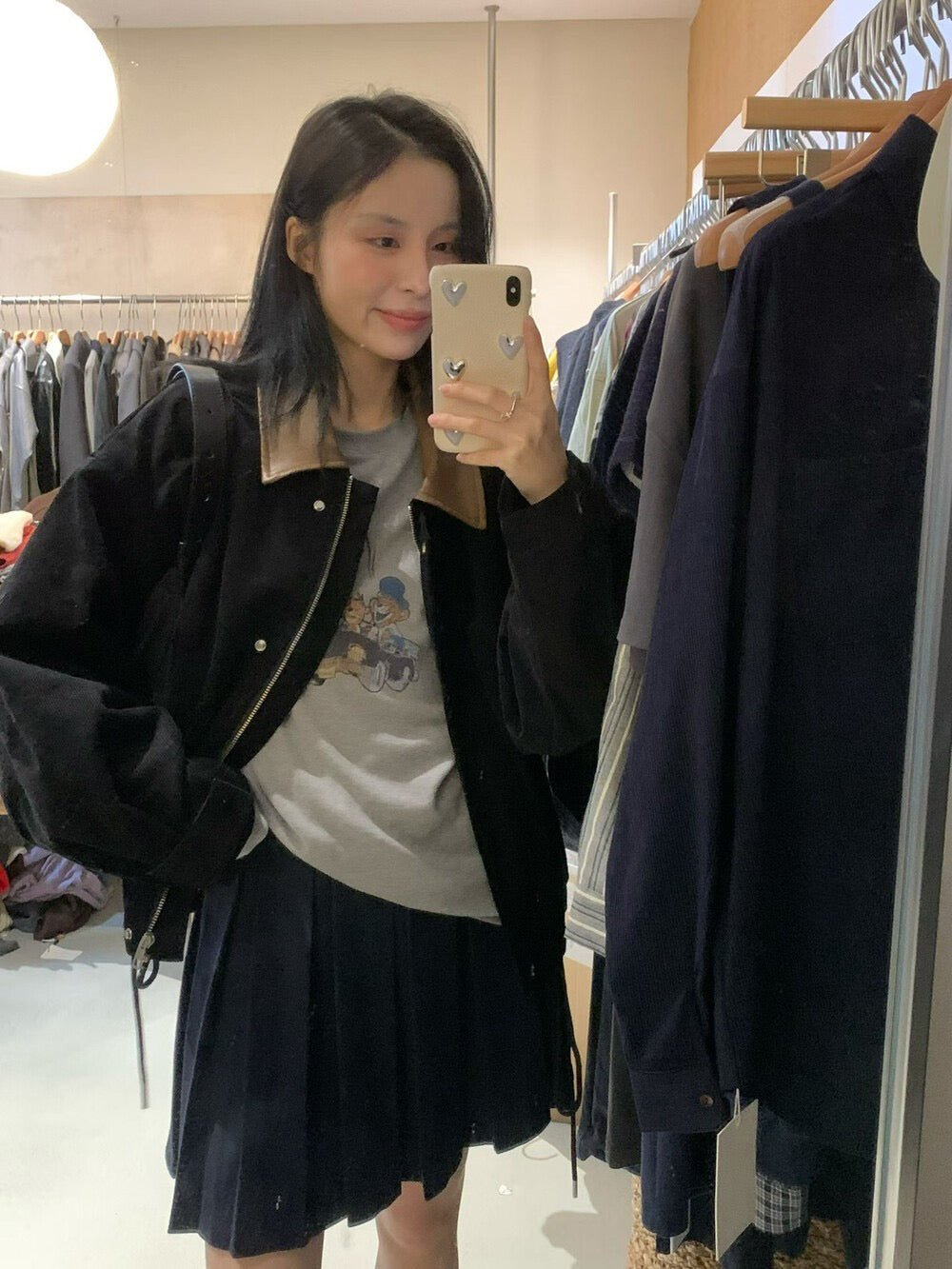 // 帥氣拼皮領燈芯絨可束腳拉鍊外套