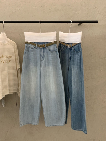 👖 慵懶洗水直闊褲牛仔褲(連腰帶)