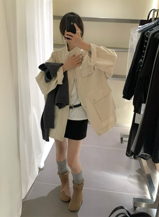 // 小立領口袋中長工裝洗水棉外套