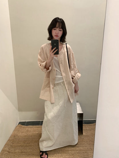 // 褶褶袖口袋天絲麻圓領外套