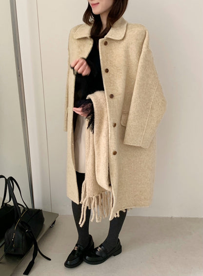 // 經典翻領口袋中長100%羊毛手工雙面外套(連頸巾)￼