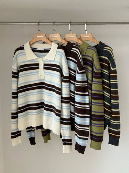 // 100%羊毛復古拼色間條翻領毛衣
