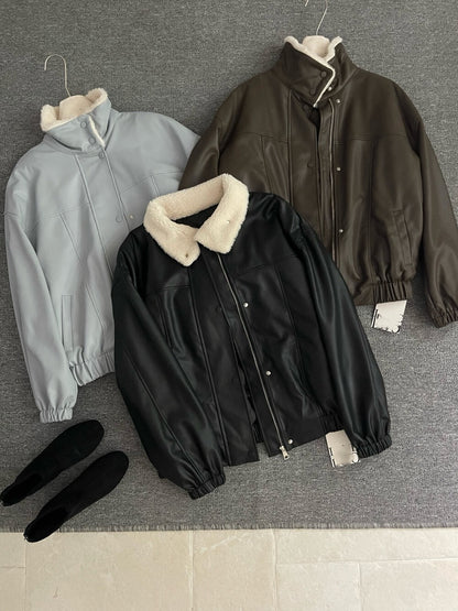 // 甜酷風毛毛領夾棉皮外套